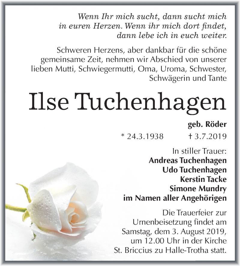  Traueranzeige für Ilse Tuchenhagen vom 13.07.2019 aus Mitteldeutsche Zeitung Bitterfeld / Halle/Saalkreis