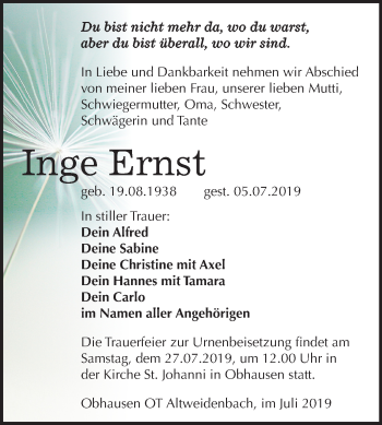 Traueranzeige von Inge Ernst von Super Sonntag Merseburg/Querfurt
