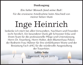 Traueranzeige von Inge Heinrich von Super Sonntag Merseburg/Querfurt