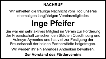 Traueranzeige von Inge Pfeifer von Mitteldeutsche Zeitung Quedlinburg