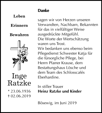 Traueranzeige von Inge Ratzke von Mitteldeutsche Zeitung Wittenberg
