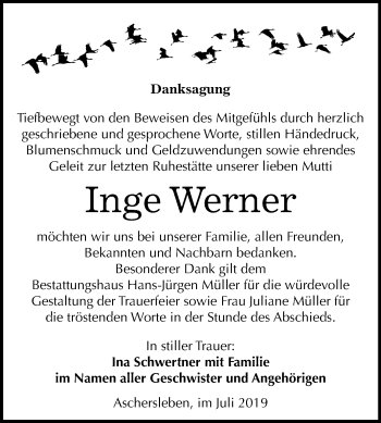 Traueranzeige von Inge Werner von Wochenspiegel Aschersleben