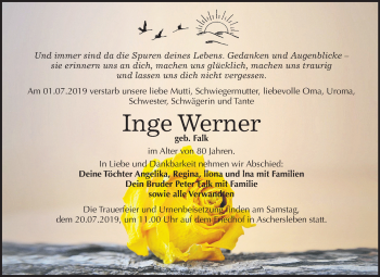 Traueranzeige von Inge Werner von Mitteldeutsche Zeitung Aschersleben
