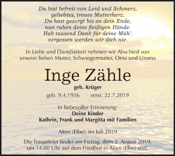 Traueranzeige von Inge Zähle von Super Sonntag Köthen