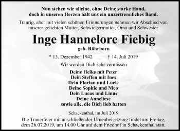 Traueranzeige von Inge Hannelore Fiebig von Mitteldeutsche Zeitung Aschersleben