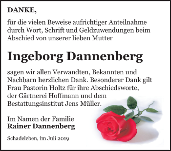Traueranzeige von Ingeborg Dannenberg von Mitteldeutsche Zeitung Aschersleben