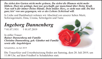 Traueranzeige von Ingeborg Dannenberg von Super Sonntag Aschersleben