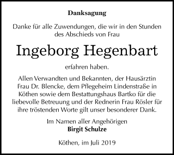 Traueranzeige von Ingeborg Hegenbart von Super Sonntag Köthen