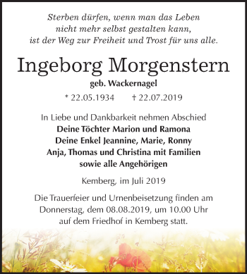 Traueranzeige von Ingeborg Morgenstern von Mitteldeutsche Zeitung Wittenberg