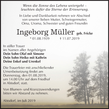 Traueranzeige von Ingeborg Müller von Super Sonntag Wittenberg