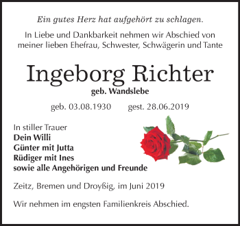 Traueranzeige von Ingeborg Richter von Mitteldeutsche Zeitung Zeitz