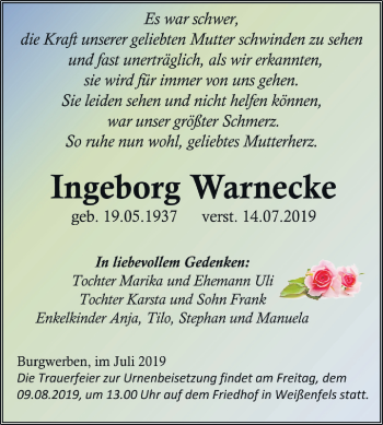 Traueranzeige von Ingeborg Warnecke von Wochenspiegel Weißenfels