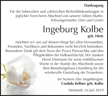 Traueranzeige von Ingeburg Kolbe von Super Sonntag Mansfelder Land