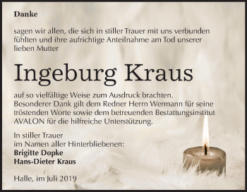 Traueranzeige von Ingeburg Kraus von Mitteldeutsche Zeitung Halle/Saalkreis