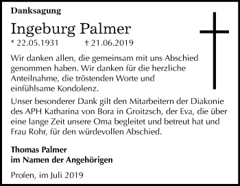 Traueranzeige von Ingeburg Palmer von Mitteldeutsche Zeitung Zeitz