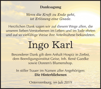 Traueranzeige von Ingo Karl von Super Sonntag Köthen