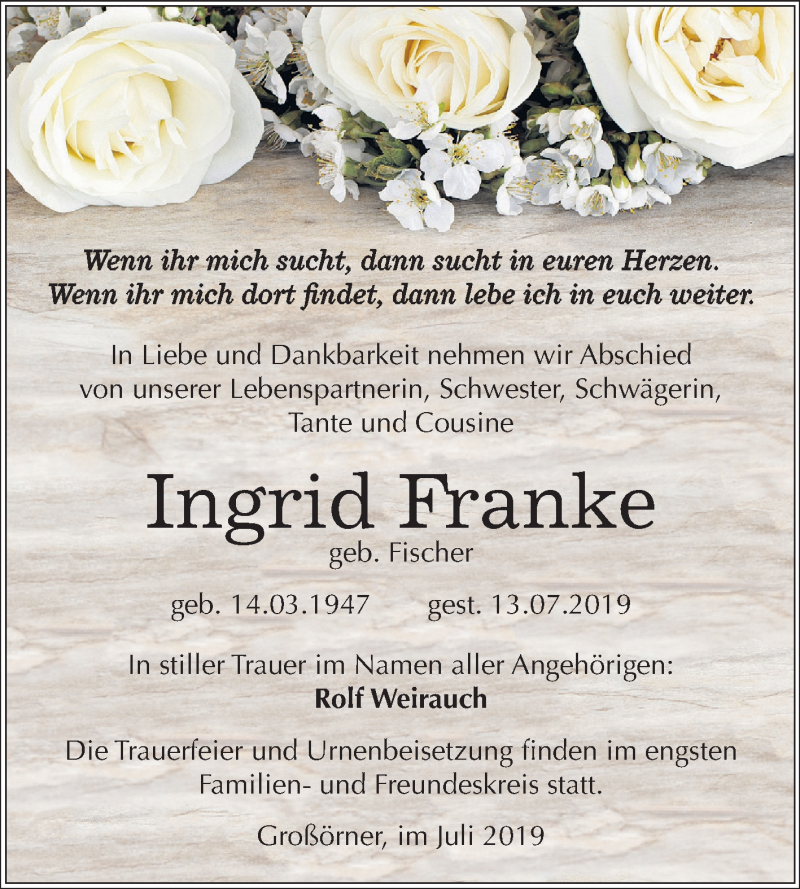  Traueranzeige für Ingrid Franke vom 19.07.2019 aus Mitteldeutsche Zeitung Mansfelder Land