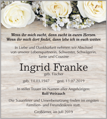 Traueranzeige von Ingrid Franke von Mitteldeutsche Zeitung Mansfelder Land
