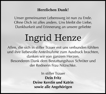 Traueranzeige von Ingrid Henze von Wochenspiegel Bitterfeld