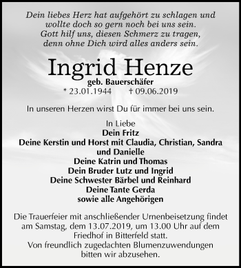 Traueranzeige von Ingrid Henze von Mitteldeutsche Zeitung Bitterfeld