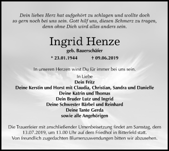 Traueranzeige von Ingrid Henze von Wochenspiegel Bitterfeld