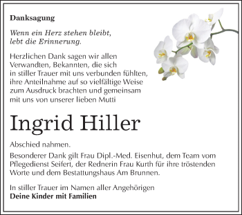 Traueranzeige von Ingrid Hiller von Super Sonntag Mansfelder Land