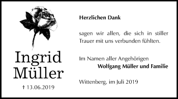 Traueranzeige von Ingrid Müller von Super Sonntag Wittenberg