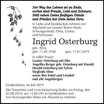 Traueranzeige von Ingrid Osterburg von Wochenspiegel Mansfelder Land