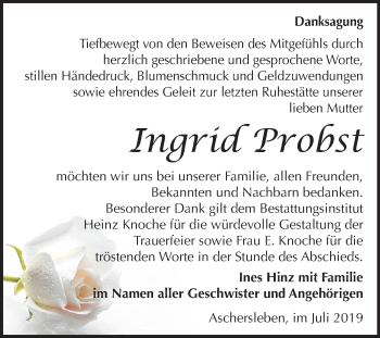 Traueranzeige von Ingrid Probst von Super Sonntag Aschersleben