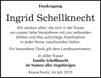 Traueranzeige von Ingrid Schellknecht von Mitteldeutsche Zeitung Weißenfels