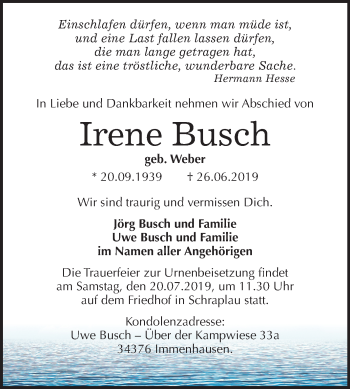 Traueranzeige von Irene Busch von Mitteldeutsche Zeitung Merseburg/Querfurt