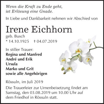 Traueranzeige von Irene Eichhorn von Wochenspiegel Weißenfels