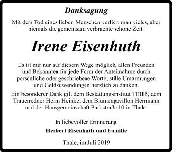Traueranzeige von Irene Eisenhuth von Super Sonntag Quedlinburg