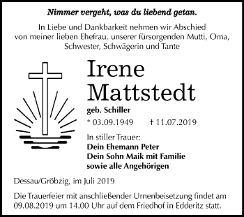 Traueranzeige von Irene Mattstedt von Super Sonntag Dessau-Roßlau