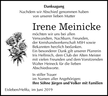 Traueranzeige von Irene Meinicke von Mitteldeutsche Zeitung Mansfelder Land