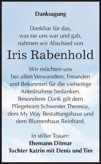 Traueranzeige von Iris Rabenhold von Super Sonntag Merseburg/Querfurt