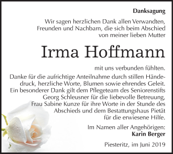Traueranzeige von Irma Hoffmann von Super Sonntag Wittenberg