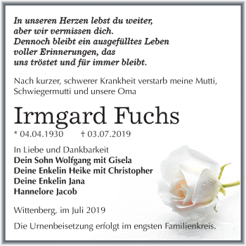 Traueranzeige von Irmgard Fuchs von Super Sonntag Wittenberg