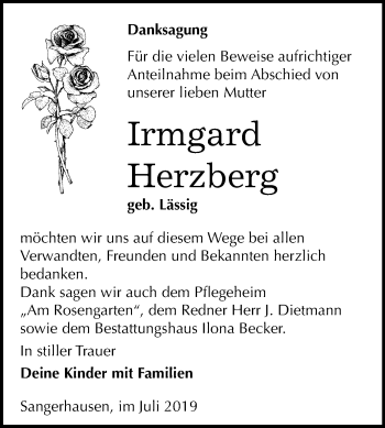 Traueranzeige von Irmgard Herzberg von Super Sonntag Sangerhausen