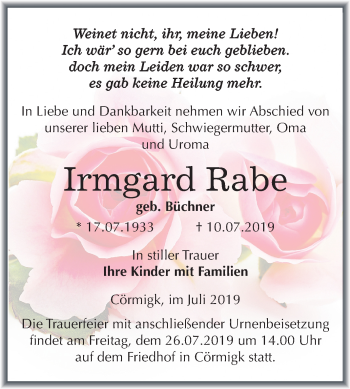 Traueranzeige von Irmgard Rabe von Mitteldeutsche Zeitung Bernburg