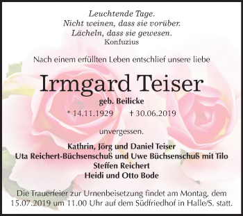 Traueranzeige von Irmgard Teiser von Mitteldeutsche Zeitung Halle/Saalkreis
