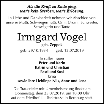 Traueranzeige von Irmgard Vogel von Mitteldeutsche Zeitung Bernburg