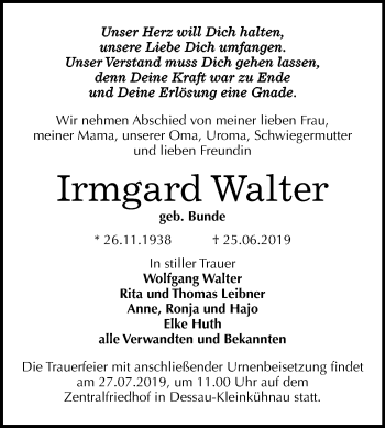 Traueranzeige von Irmgard Walter von Mitteldeutsche Zeitung Dessau-Roßlau