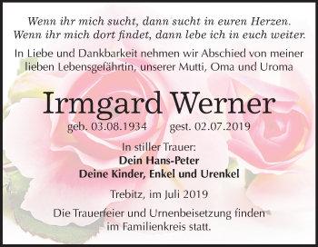 Traueranzeige von Irmgard Werner von Super Sonntag Wittenberg