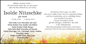 Traueranzeige von Isolde Nitzschke von Mitteldeutsche Zeitung Bernburg