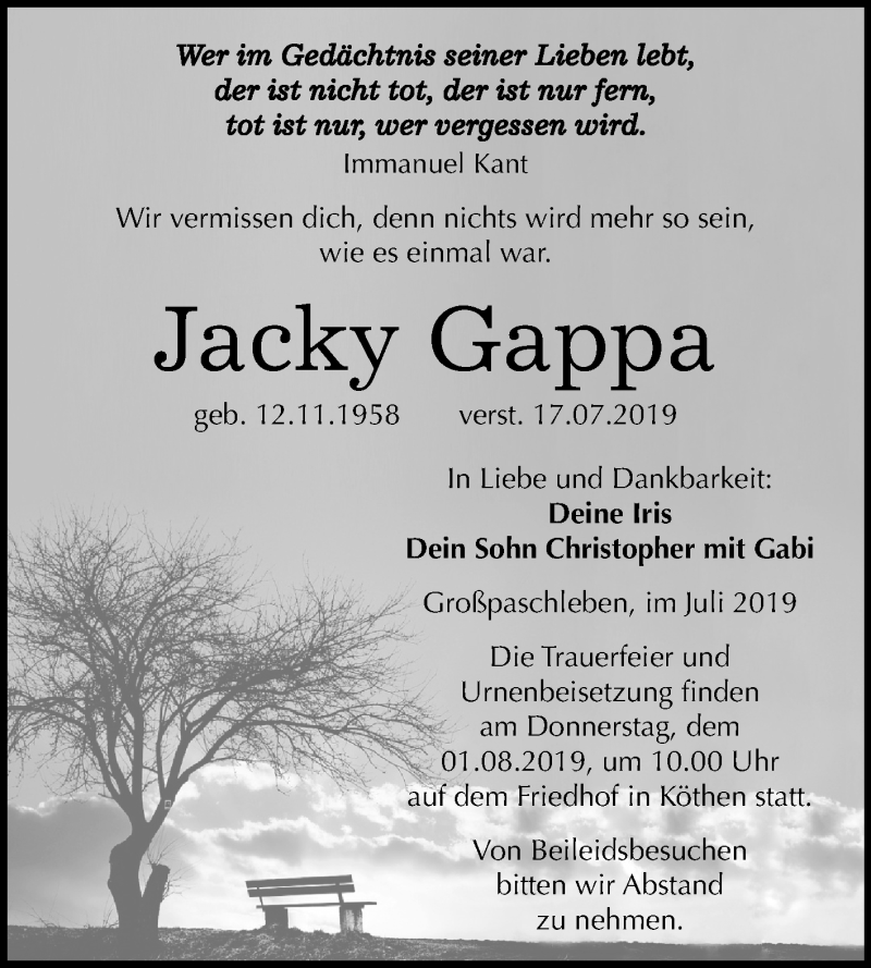  Traueranzeige für Jacky Gappa vom 20.07.2019 aus Mitteldeutsche Zeitung Köthen