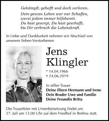 Traueranzeige von Jens Klingler von Mitteldeutsche Zeitung Bitterfeld