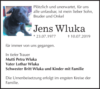 Traueranzeige von Jens Wluka von Mitteldeutsche Zeitung Bernburg