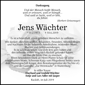 Traueranzeige von Jens Wächter von Mitteldeutsche Zeitung Wittenberg