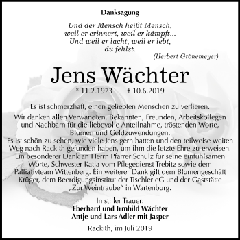 Traueranzeige von Jens Wächter von Super Sonntag Wittenberg